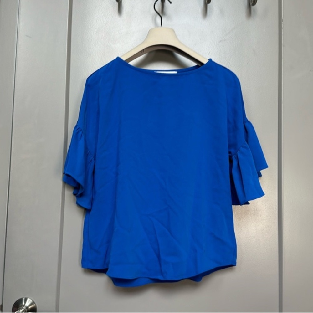 Amanda U. Uprichard Blue Ruffle Sleeve Top NWOT